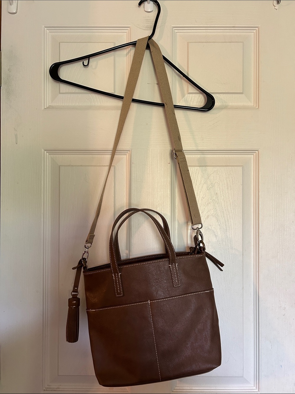 Sonoma Brown Leather Crossbody Tote with Tan Strap